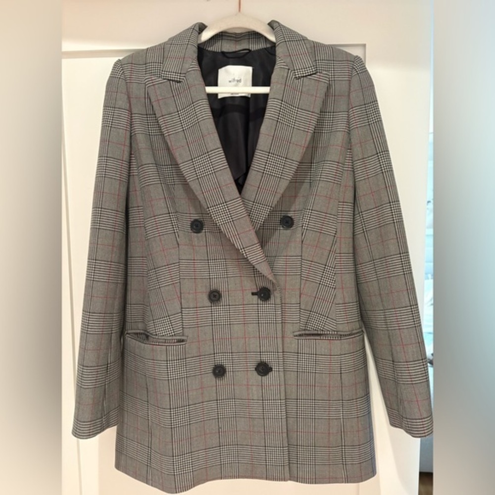 Wilfred Aritzia Margaux Double Breasted Blazer grey plaid pattern with red sz 0